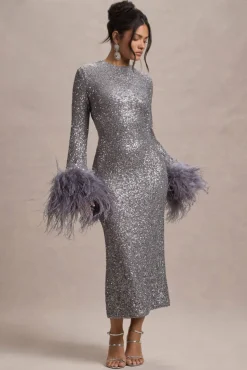 North Star | Silver Sequin Long-Sleeve Midi Dress With Feather Cuffs