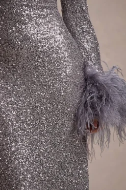 North Star | Silver Sequin Long-Sleeve Midi Dress With Feather Cuffs