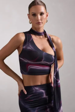 North Wind | Black Printed One-Shoulder Crop Top With Scarf