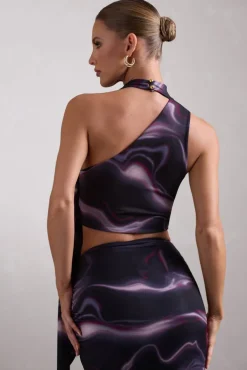 North Wind | Black Printed One-Shoulder Crop Top With Scarf