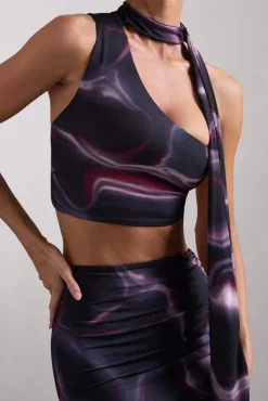 North Wind | Black Printed One-Shoulder Crop Top With Scarf
