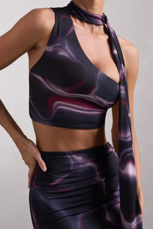 North Wind | Black Printed One-Shoulder Crop Top With Scarf