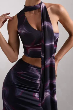 North Wind | Black Printed One-Shoulder Crop Top With Scarf