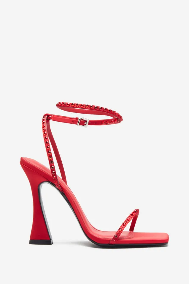 Nostalgia | Bright Red Satin Heeled Sandals With Diamante Straps