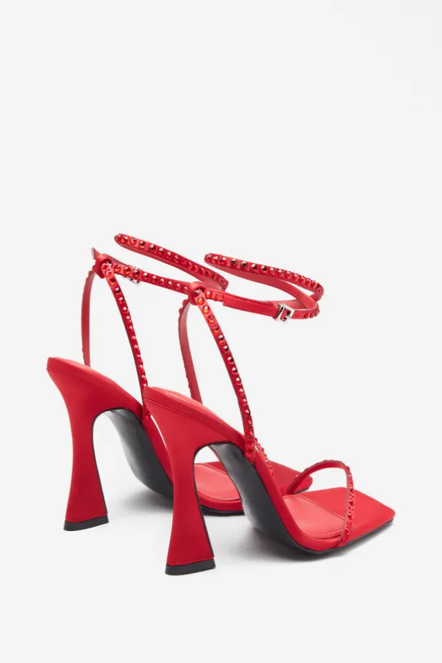 Nostalgia | Bright Red Satin Heeled Sandals With Diamante Straps