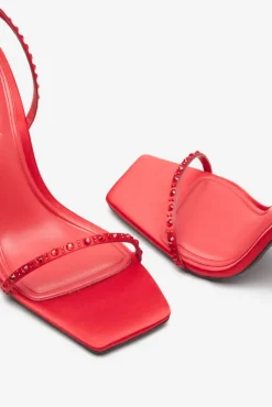 Nostalgia | Bright Red Satin Heeled Sandals With Diamante Straps