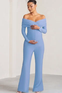 Nuala | Powder Blue Bardot Maternity Jumpsuit with Long Sleeves
