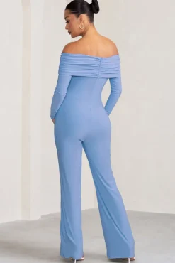 Nuala | Powder Blue Bardot Maternity Jumpsuit with Long Sleeves
