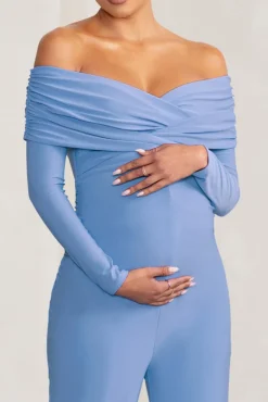 Nuala | Powder Blue Bardot Maternity Jumpsuit with Long Sleeves