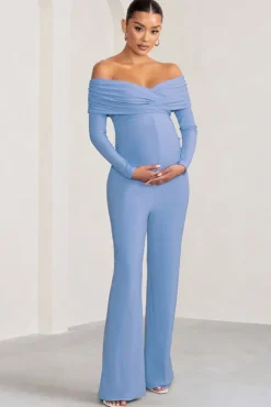 Nuala | Powder Blue Bardot Maternity Jumpsuit with Long Sleeves