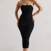 Nylah | Black Ruched Corset Bodycon Midi Dress
