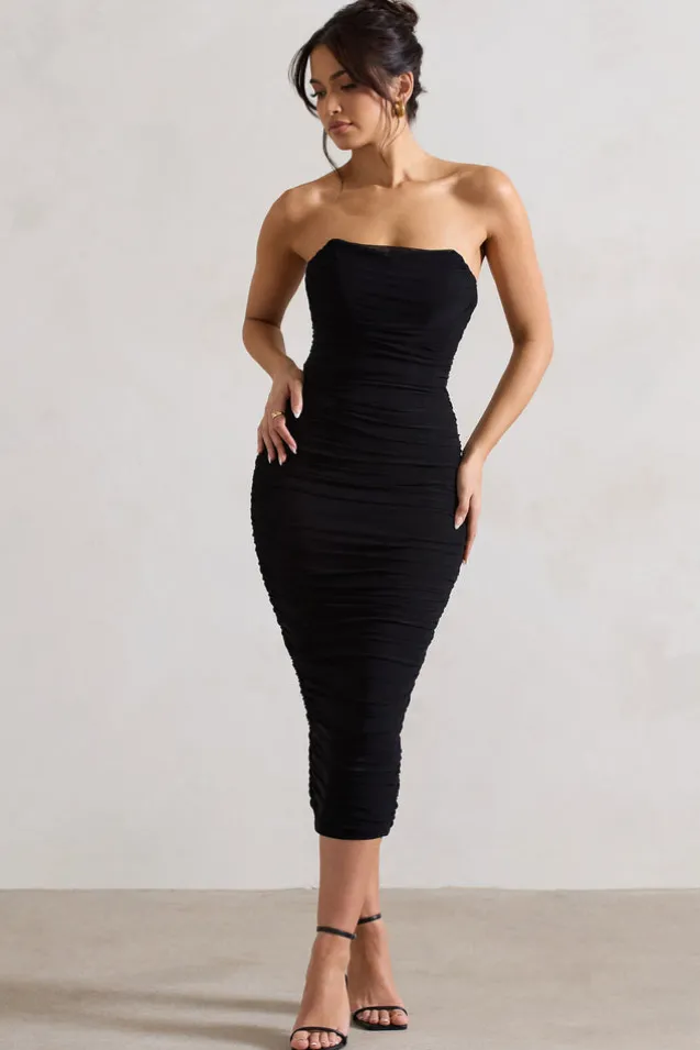 Nylah | Black Ruched Corset Bodycon Midi Dress