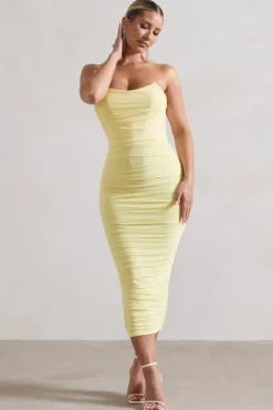 Nylah | Lemon Ruched Corset Bodycon Midi Dress