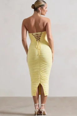 Nylah | Lemon Ruched Corset Bodycon Midi Dress