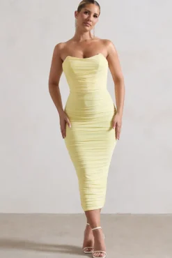 Nylah | Lemon Ruched Corset Bodycon Midi Dress