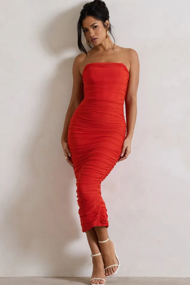Nylah | Orange Ruched Corset Bodycon Midi Dress
