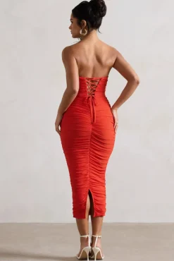 Nylah | Orange Ruched Corset Bodycon Midi Dress