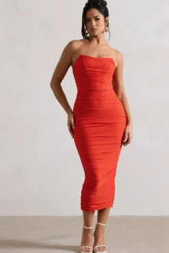 Nylah | Orange Ruched Corset Bodycon Midi Dress