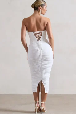 Nylah | White Ruched Corset Bodycon Midi Dress