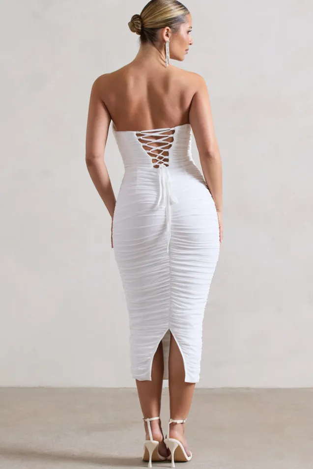 Nylah | White Ruched Corset Bodycon Midi Dress