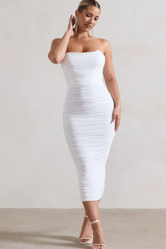 Nylah | White Ruched Corset Bodycon Midi Dress