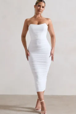Nylah | White Ruched Corset Bodycon Midi Dress