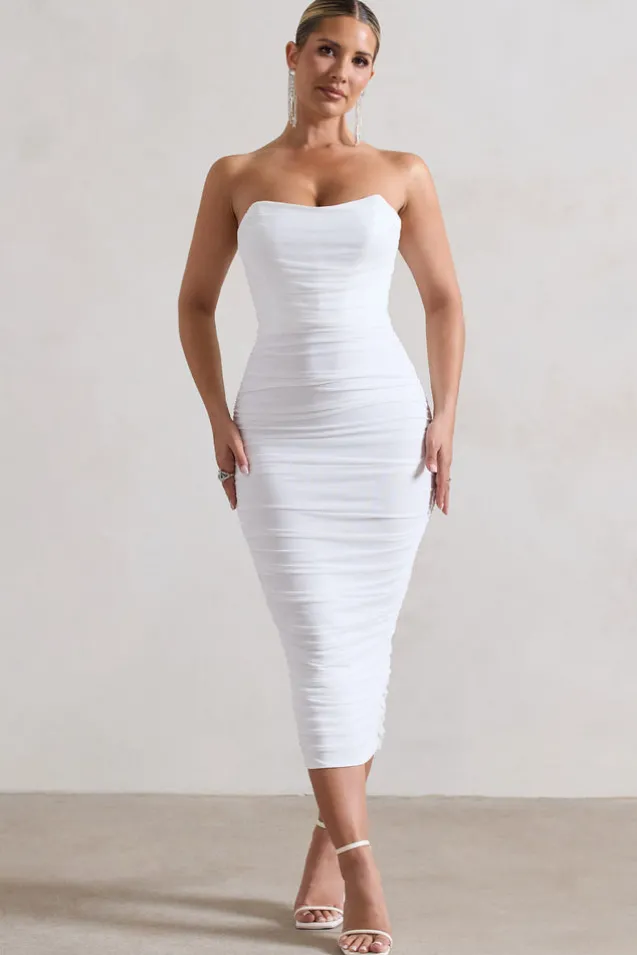 Nylah | White Ruched Corset Bodycon Midi Dress