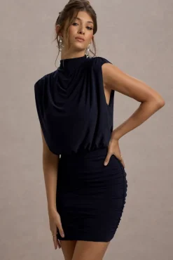 Nymeria | Navy High-Neck Draped Bodycon Mini Dress