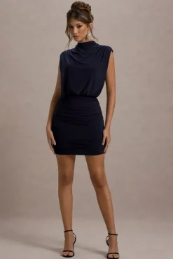 Nymeria | Navy High-Neck Draped Bodycon Mini Dress