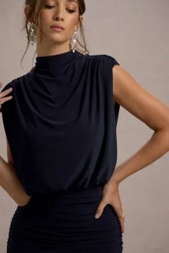Nymeria | Navy High-Neck Draped Bodycon Mini Dress