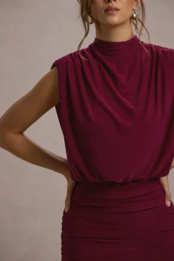 Nymeria | Port High-Neck Draped Bodycon Mini Dress