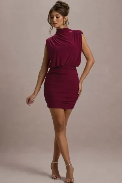 Nymeria | Port High-Neck Draped Bodycon Mini Dress