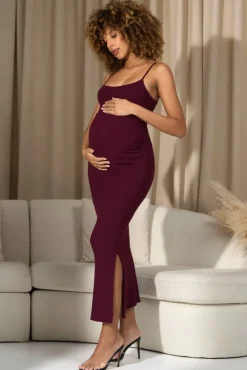 Oakley | Burgundy Strappy Square-Neck Split Maternity Maxi Dress