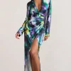 Oasis | Watercolour Print Satin Long-Sleeved Maxi Shirt Dress