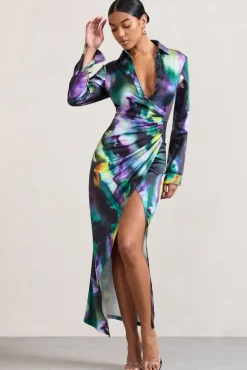 Oasis | Watercolour Print Satin Long-Sleeved Maxi Shirt Dress