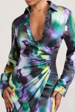 Oasis | Watercolour Print Satin Long-Sleeved Maxi Shirt Dress