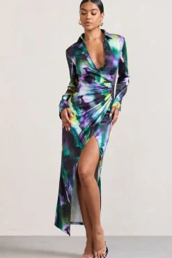 Oasis | Watercolour Print Satin Long-Sleeved Maxi Shirt Dress