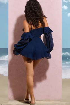 Oceane | Navy Pleated Plunge-Neck Balloon-Sleeve Playsuit