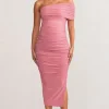 Odelia | Blush Maternity Midi Dress with Asymmetric Sleeve and Side Split