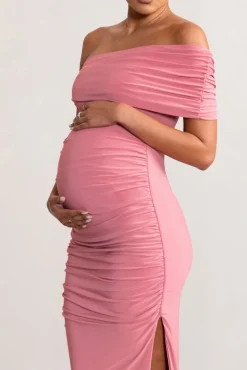 Odelia | Blush Maternity Midi Dress with Asymmetric Sleeve and Side Split
