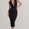 Odessa | Black Plunge Sleeveless Midi Dress With Tie Waist