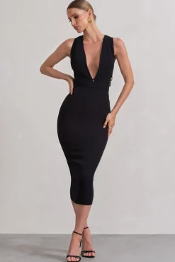 Odessa | Black Plunge Sleeveless Midi Dress With Tie Waist