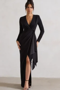 Odetta | Black Plunge-Neck Wrap Maxi Dress With Tie Waist