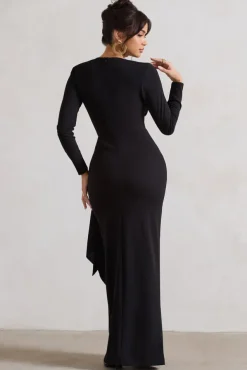 Odetta | Black Plunge-Neck Wrap Maxi Dress With Tie Waist