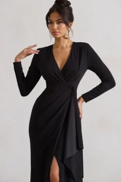 Odetta | Black Plunge-Neck Wrap Maxi Dress With Tie Waist