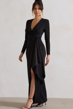 Odetta | Black Plunge-Neck Wrap Maxi Dress With Tie Waist