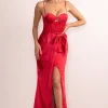Odette | Red Satin Sweetheart Corset Bow Detail Maxi Dress
