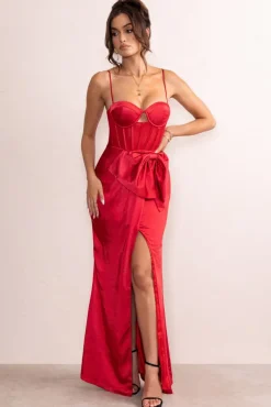 Odette | Red Satin Sweetheart Corset Bow Detail Maxi Dress