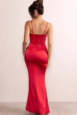 Odette | Red Satin Sweetheart Corset Bow Detail Maxi Dress