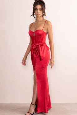 Odette | Red Satin Sweetheart Corset Bow Detail Maxi Dress